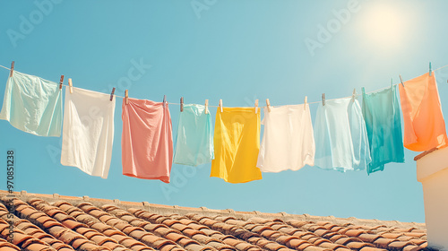 Clothes being dried on the clothesline in the rooftop in the sun with blue sky photo