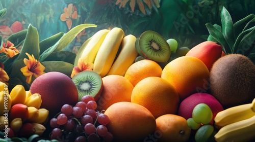 Fresh market display of vibrant tropical fruits, including mangoes, kiwis, and bananas, set against a detailed, realistic backdrop