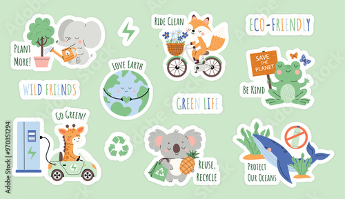 Collection of eco stickers with cute animals.  Eco friendly set with earth, fox, whale, elephant, frog and koala. Illustration Isolated on green background.