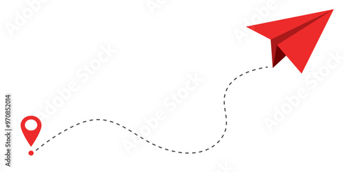 Paper plane red dashed line doodle sketch style drawing. Path way, follow idea. Business or travel design element. Paper aeroplane