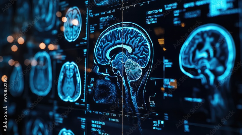 A digital screen displays multiple images of a human brain, highlighting the complexity of the organ. A digital screen displays multiple images of a human brain, highlighting the complexity of the organ.