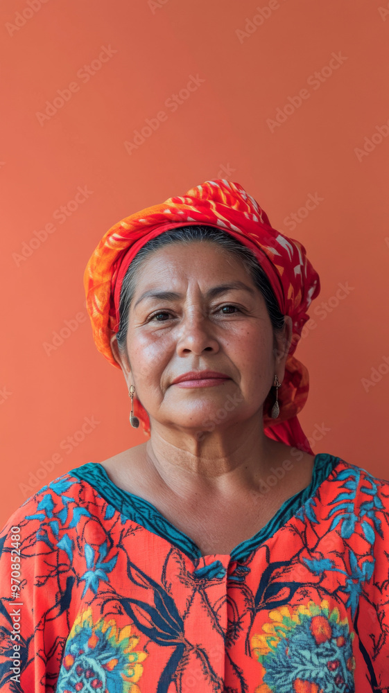 Middle aged latin american woman in traditional clothing on solid color background Middle aged latin american woman in traditional clothing on solid color background