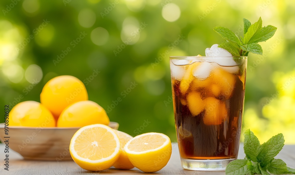 iced black tea with lemon and mint leaves in it, Generative AI iced black tea with lemon and mint leaves in it, Generative AI