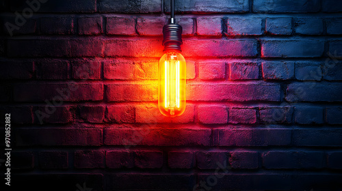 Fototapeta Naklejka Na Ścianę i Meble -  Glowing Light Bulb on a Brick Wall, Abstract Background Animation