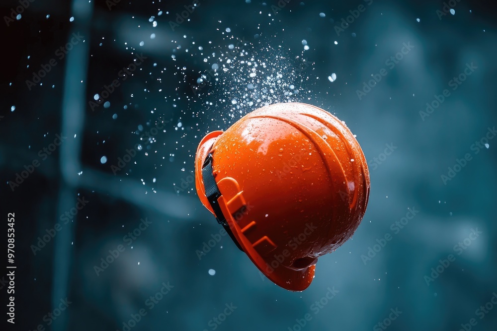Fototapeta premium Orange Hard Hat with Water Droplets Falling