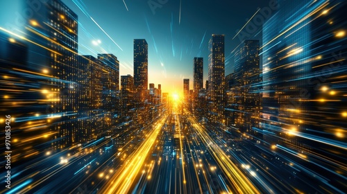 Futuristic city with glowing skyscrapers, light trails, and a vibrant horizon at sunset