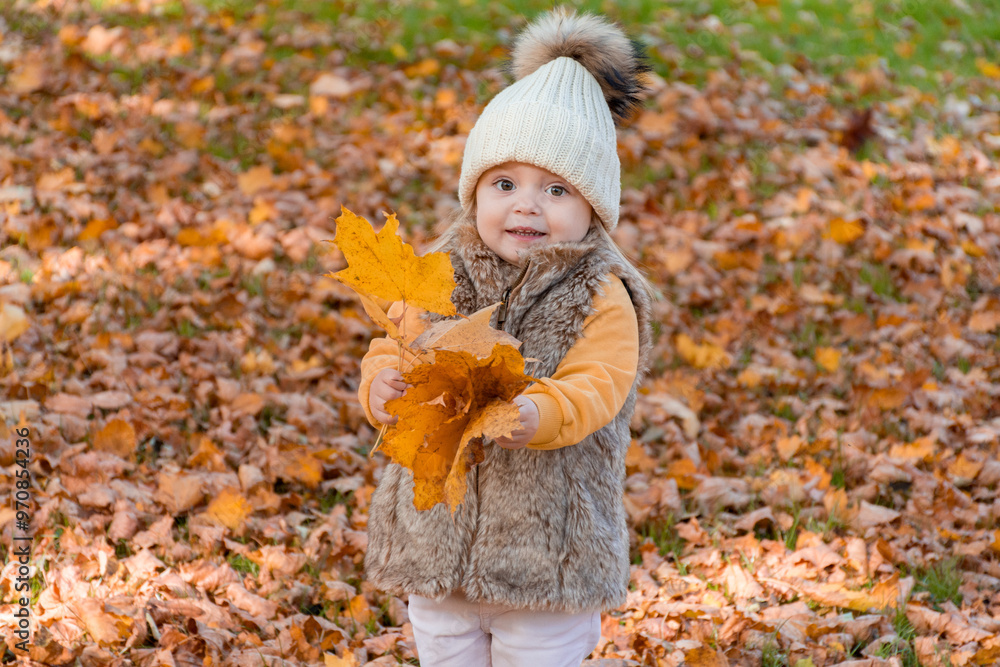 Happy child playing with yellowed leaves in a park. Happy child playing with yellowed leaves in a park.