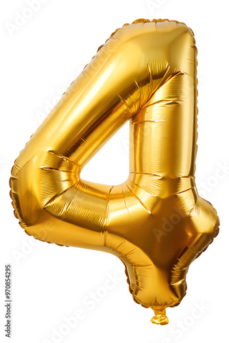 Golden foil number four balloon on a transparent background