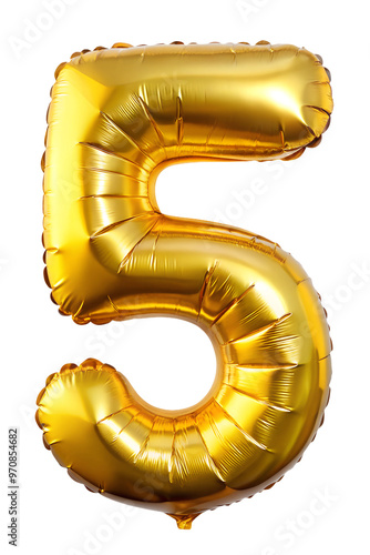 Golden foil number five balloon on a transparent background