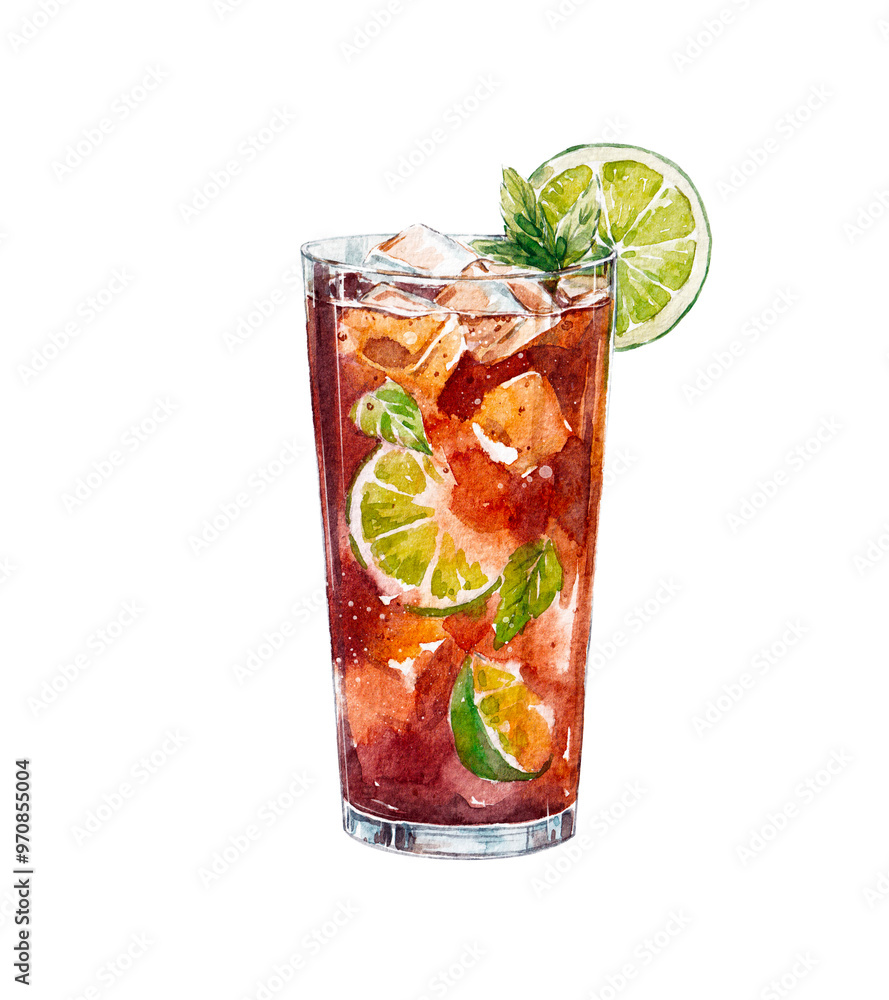 Watercolor Cuba Libre illustration. Alcohol long drink clipart. Glass of cocktail. Club shake beverage hand drawn illustration. Stock print. Watercolor Cuba Libre illustration. Alcohol long drink clipart. Glass of cocktail. Club shake beverage hand drawn illustration. Stock print.