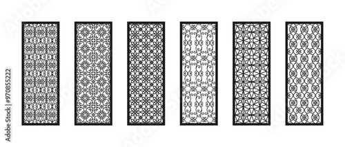 Black and white decorative panels with openwork and geometric ornaments, isolated on a white background. Vector set of privacy screen, fence, room divider and interior partition for CNC, laser cutting