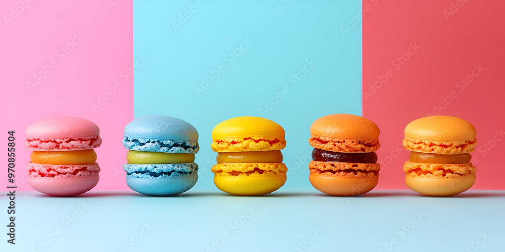 A set of vibrant and delicious macarons is placed beautifully on a bright blue background A set of vibrant and delicious macarons is placed beautifully on a bright blue background
