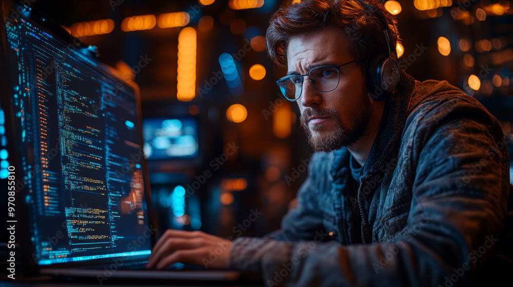 A software engineer providing technical support on laptop, focused on coding in high tech environment. atmosphere is illuminated by blue lights, creating modern and intense workspace A software engineer providing technical support on laptop, focused on coding in high tech environment. atmosphere is illuminated by blue lights, creating modern and intense workspace