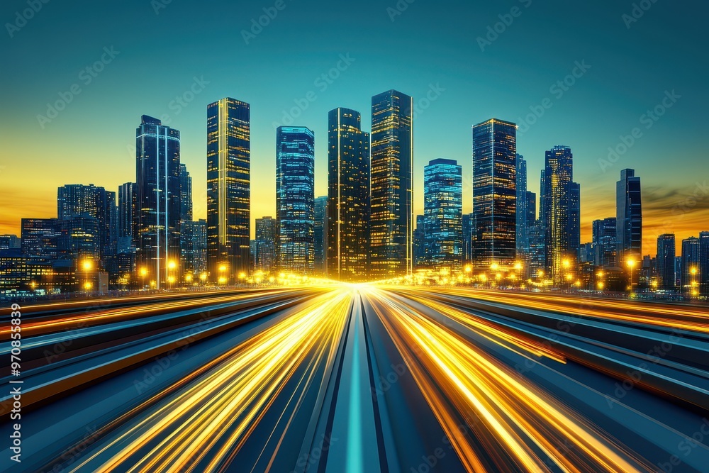 Futuristic city with glowing skyscrapers, light trails, and a vibrant horizon at sunset Futuristic city with glowing skyscrapers, light trails, and a vibrant horizon at sunset