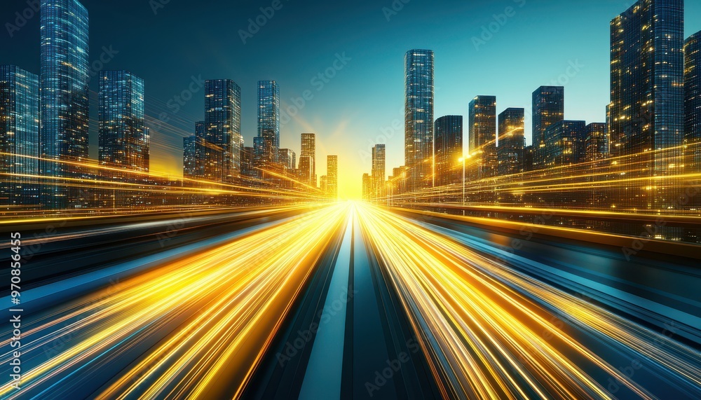 Futuristic city with glowing skyscrapers, light trails, and a vibrant horizon at sunset Futuristic city with glowing skyscrapers, light trails, and a vibrant horizon at sunset