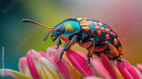 Vibrant insect perched on a flower, with intricate patterns and bright colors, captured in a realistic nature setting