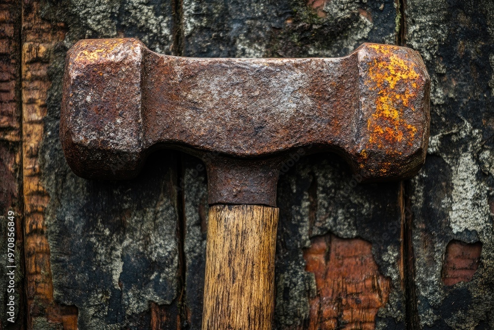 Rusty Hammer Against a Weathered Wooden Background Rusty Hammer Against a Weathered Wooden Background