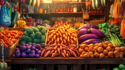 Vibrant market stall filled with colorful vegetables like sweet potatoes, eggplants, and carrots, captured against a realistic background