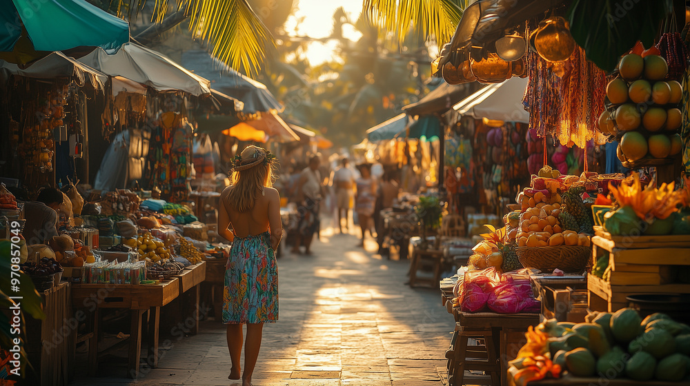 Naklejka premium Woman Strolling Through Vibrant Tropical Market at Sunset in a Floral Dress