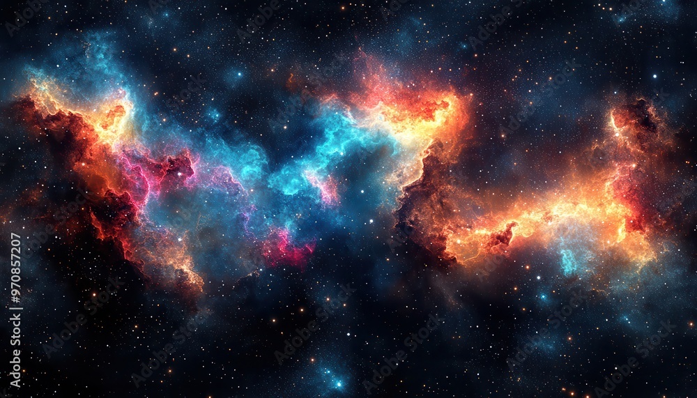 Swirling cosmic vortex with neon lights in space, glowing in blue, orange, and pink Swirling cosmic vortex with neon lights in space, glowing in blue, orange, and pink