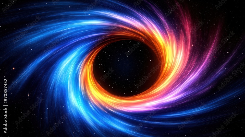Swirling cosmic vortex with neon lights in space, glowing in blue, orange, and pink Swirling cosmic vortex with neon lights in space, glowing in blue, orange, and pink