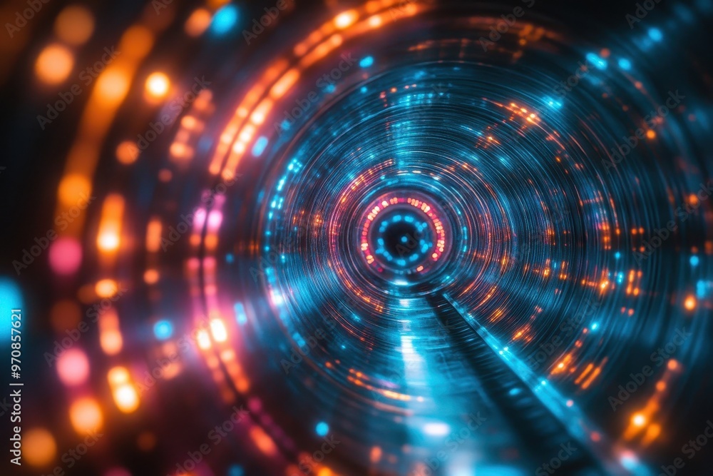 Swirling cosmic vortex with neon lights in space, glowing in blue, orange, and pink Swirling cosmic vortex with neon lights in space, glowing in blue, orange, and pink