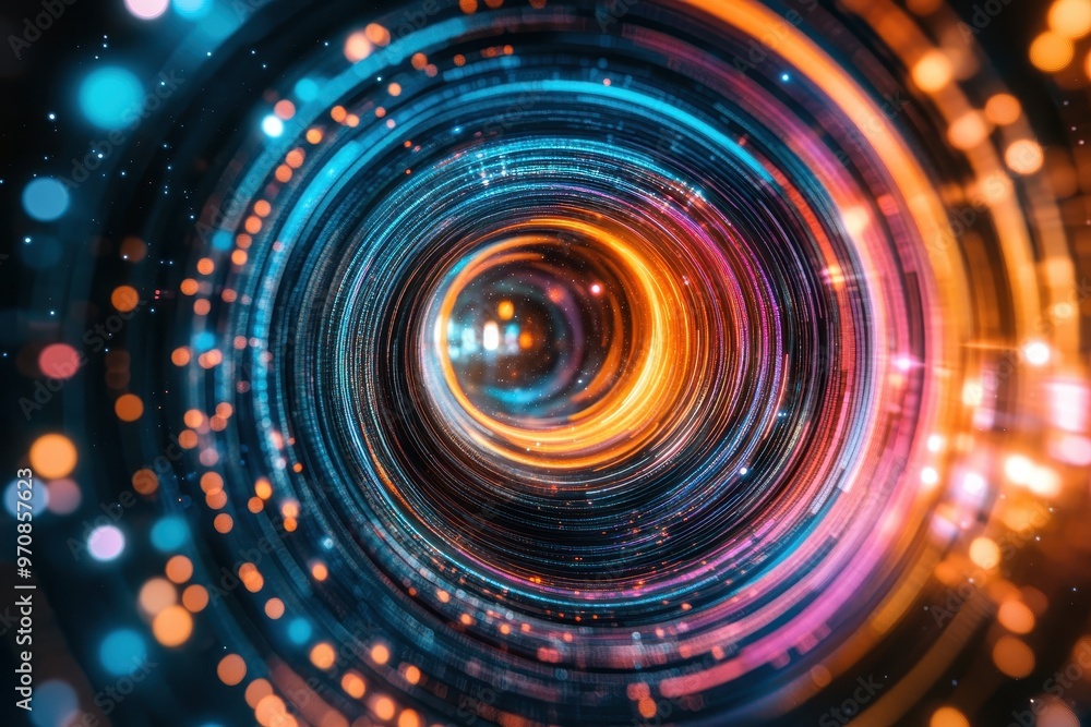 Swirling cosmic vortex with neon lights in space, glowing in blue, orange, and pink Swirling cosmic vortex with neon lights in space, glowing in blue, orange, and pink