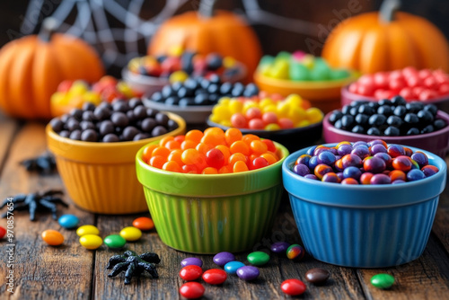 Colorful Halloween Candy assortment of colorful jelly beans fills a bowl, surrounded by carved pumpkins, spider decorations, and festive treats, creating a playful Halloween ambiance.