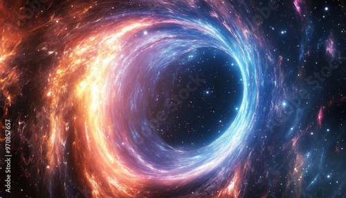 Swirling cosmic vortex with neon lights in space, glowing in blue, orange, and pink