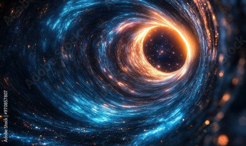 Swirling cosmic vortex with neon lights in space, glowing in blue, orange, and pink