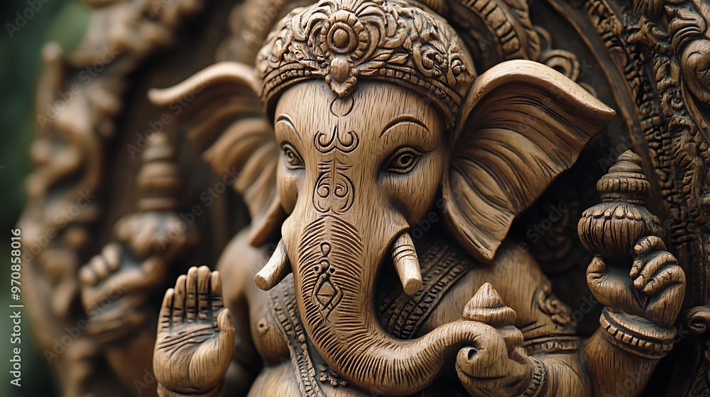 Fototapeta premium Close-up of a Carved Wooden Statue of Ganesha