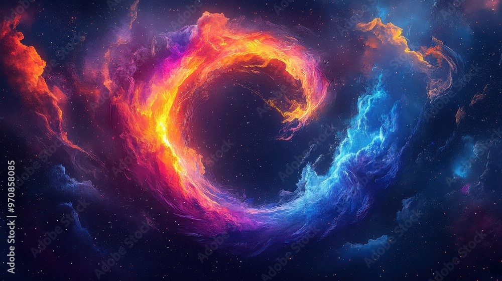 Swirling cosmic vortex with neon lights in space, glowing in blue, orange, and pink Swirling cosmic vortex with neon lights in space, glowing in blue, orange, and pink