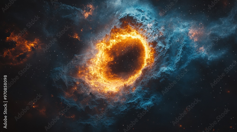 Swirling cosmic vortex with neon lights in space, glowing in blue, orange, and pink Swirling cosmic vortex with neon lights in space, glowing in blue, orange, and pink