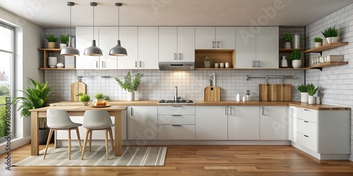 Modern white kitchen cabinets and shelves complement the grey backsplash, while a wooden countertop adds warmth and photo