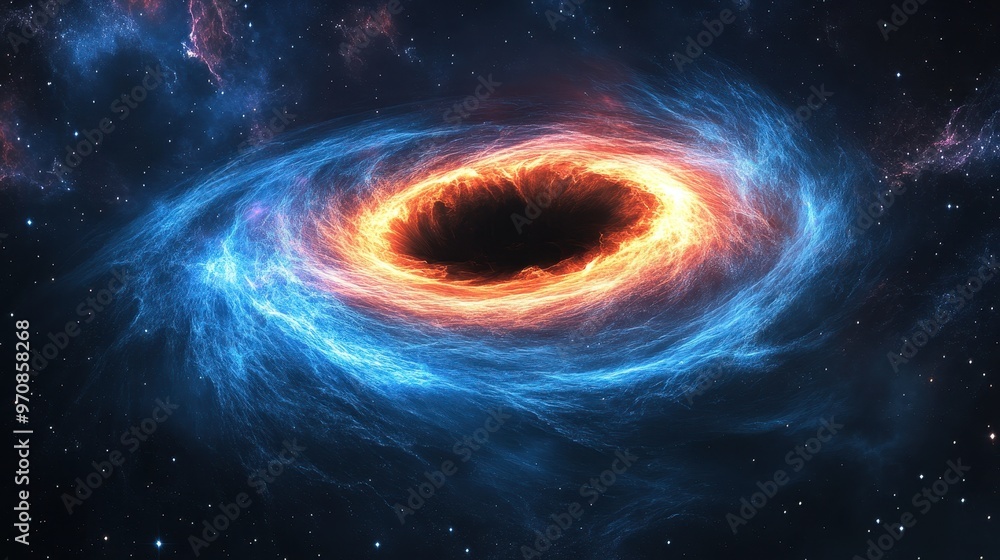Swirling cosmic vortex with neon lights in space, glowing in blue, orange, and pink Swirling cosmic vortex with neon lights in space, glowing in blue, orange, and pink