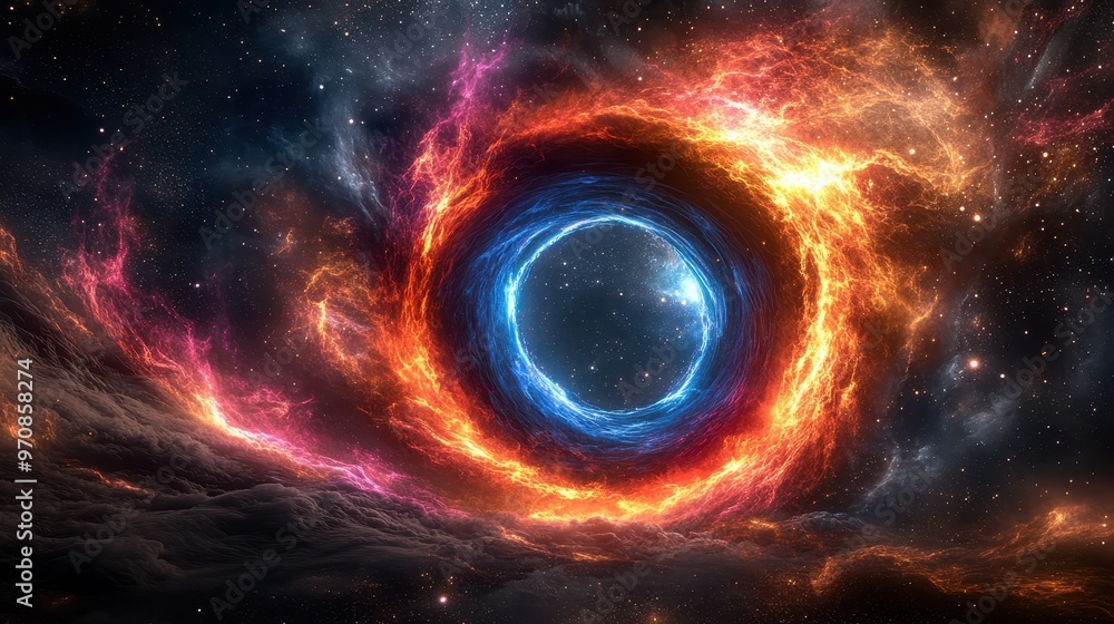Swirling cosmic vortex with neon lights in space, glowing in blue, orange, and pink Swirling cosmic vortex with neon lights in space, glowing in blue, orange, and pink