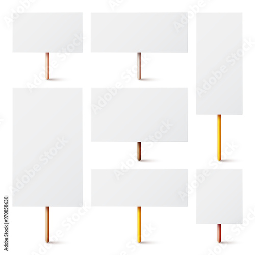Blank white protest sign with wooden holder. Various realistic vector demonstration banners. Strike action cardboard placard mockup. Social advertisement. Vector illustration