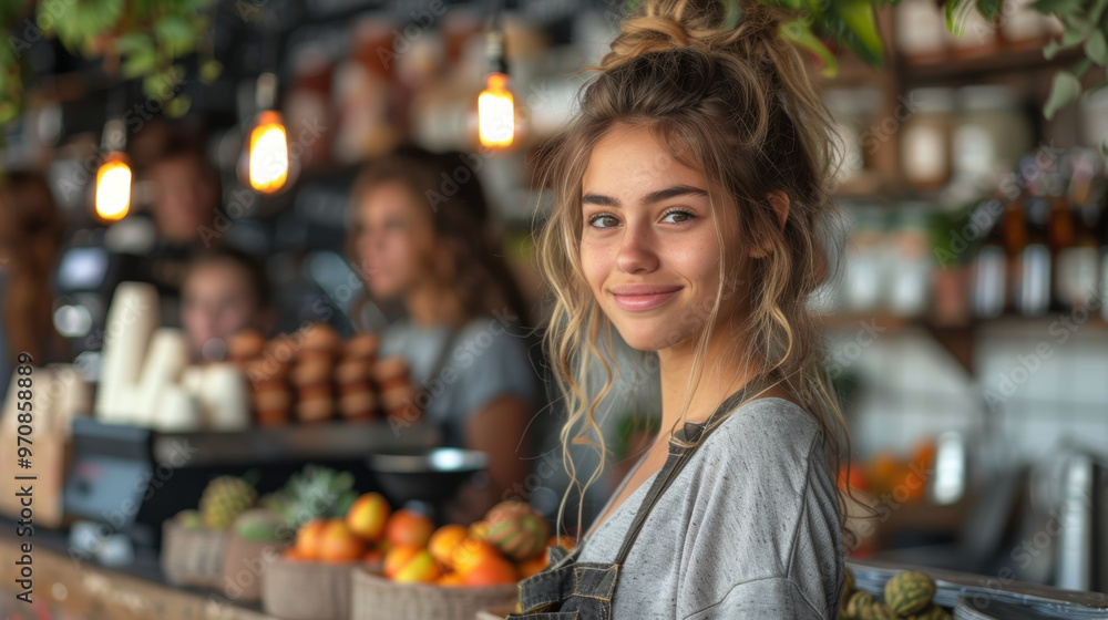 Obraz premium A young woman smiles warmly while working in vibrant cafe filled with fresh fruits and lively atmosphere. Her friendly demeanor adds to inviting environment
