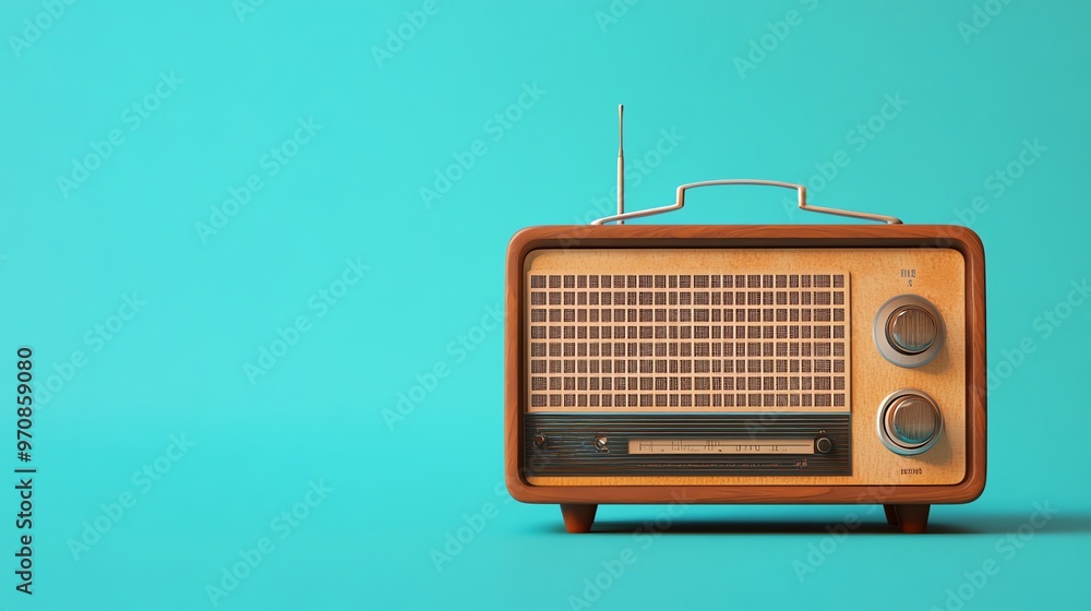 Obraz premium A vintage wooden radio with an antenna against a turquoise background.