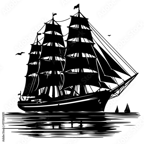 big sailboat ship vector silhouette on a white background
