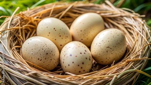 Oval-shaped, pale cream-colored bird eggs with smooth, slightly glossy shells, nestled in a shallow nest.