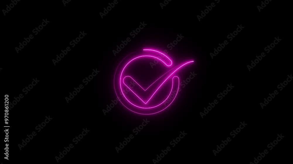 Neon completed check mark icon cyan purple color glowing animated black background Neon completed check mark icon cyan purple color glowing animated black background