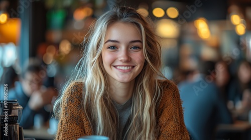 A young woman with long blonde hair smiles at the camera while sitting in a cafe.