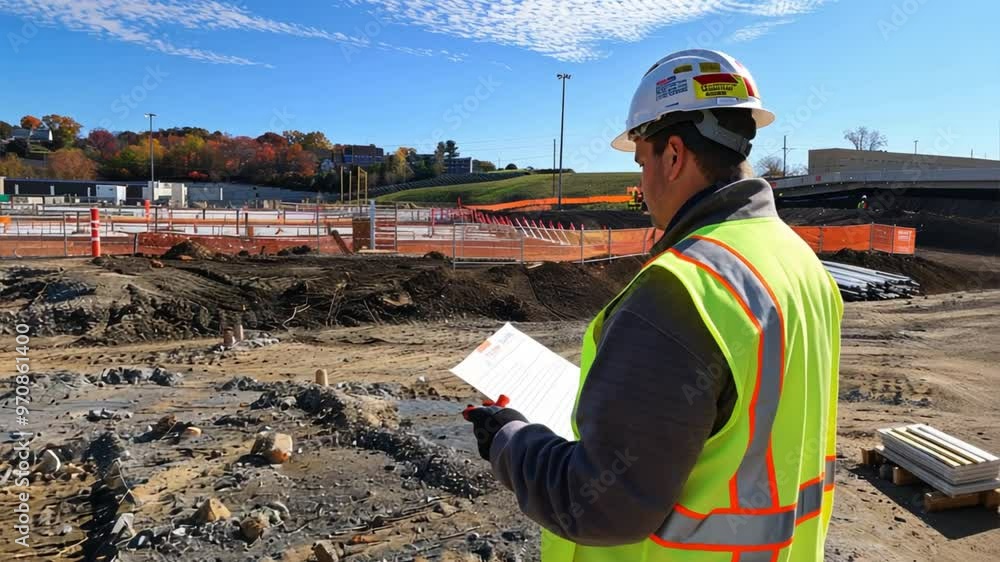Construction Site Inspection: Engineer Reviews Blueprints Amidst Earthworks Construction Site Inspection: Engineer Reviews Blueprints Amidst Earthworks