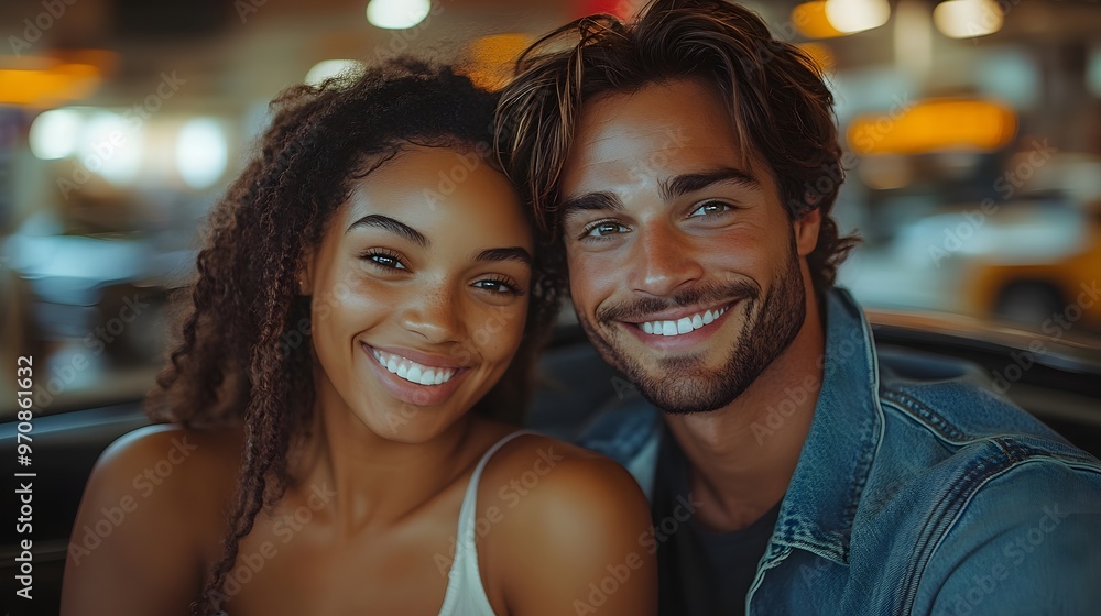 smiling multiracial couple exploring a new car at the dealership. car shopping experience, automotive dealership, buying a new car, new car purchase smiling multiracial couple exploring a new car at the dealership. car shopping experience, automotive dealership, buying a new car, new car purchase