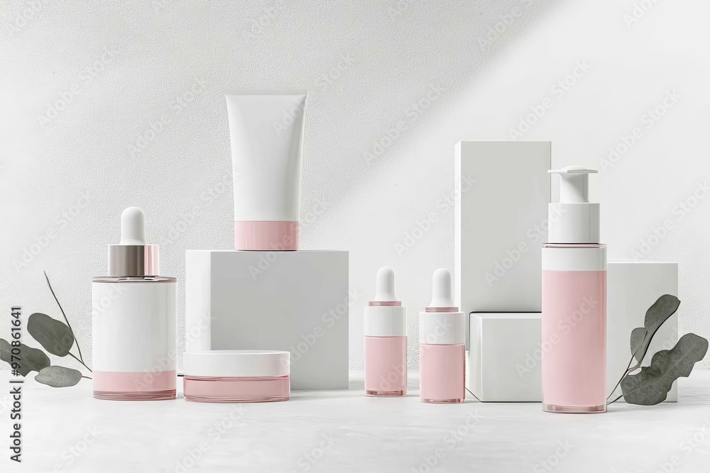 white and pink cosmetic bottle mockup set on a grey background. white and pink cosmetic bottle mockup set on a grey background.