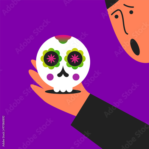 Picture for the holiday Dia de Los Muertos for the Day of the Dead. Man with scull. Flat vector illustration.