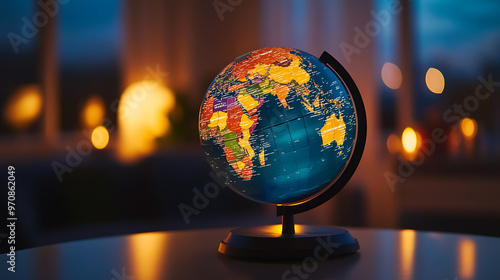 A close-up shot of a globe with a blurred background of warm lights.