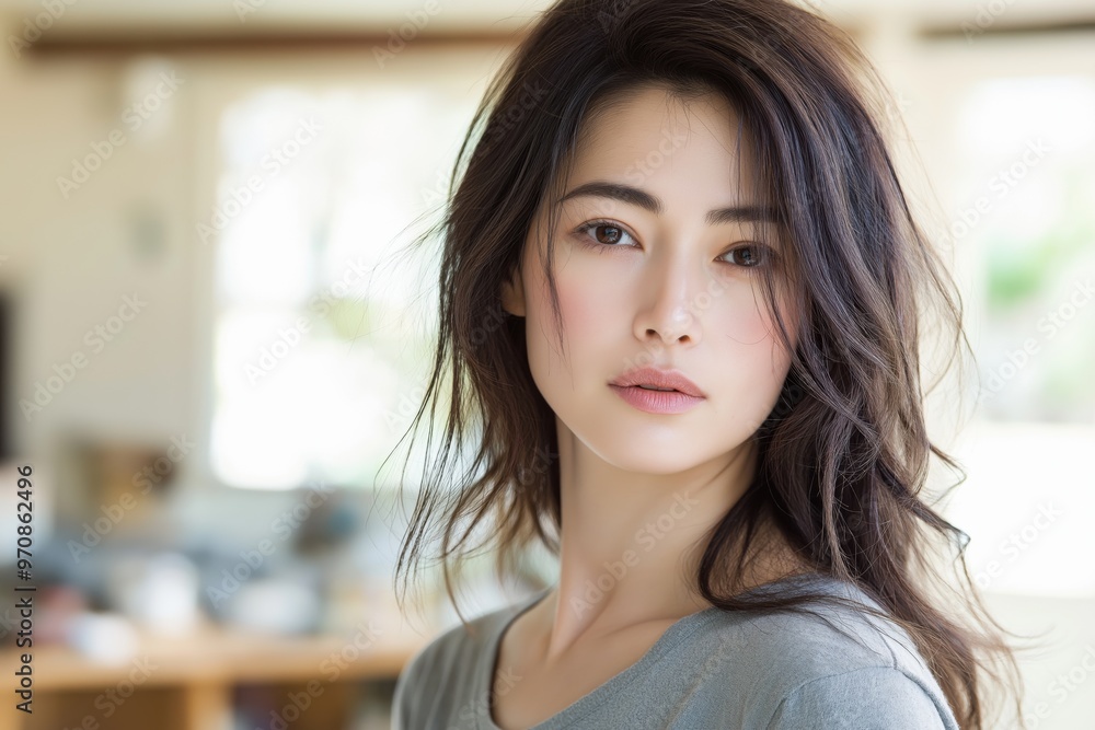 A close-up portrait of a young Asian woman wearing a casual t-shirt, with a blurred background. A close-up portrait of a young Asian woman wearing a casual t-shirt, with a blurred background.