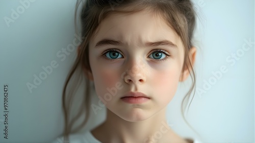 Portrait of a Young Girl with Blue Eyes and Serious Expression.